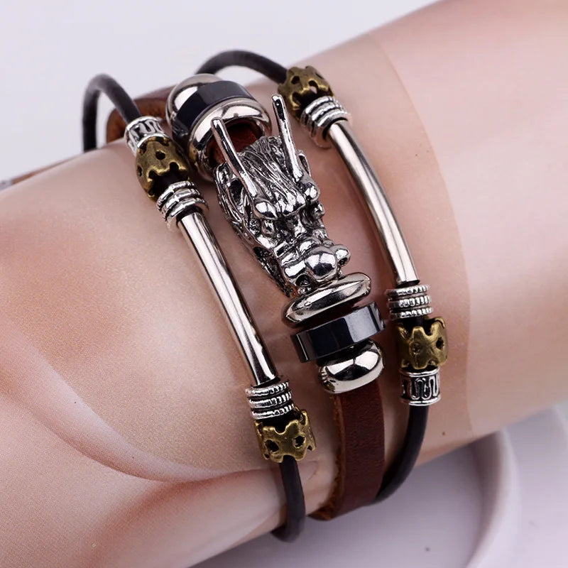Trend Personalized Jewelry Handmade Leather Dragon Bracelet Men Vintage Multilayer Bracelets Bangles Cuff Bracelet Pulsera Vera Lux