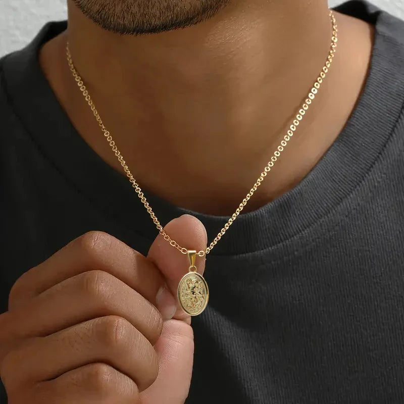 Hypoallergenic 316L Stainless Steel Gold Plated Pendant Necklace - Saint Michael & Saint Christopher, Ideal Gift for Men Vera Lux