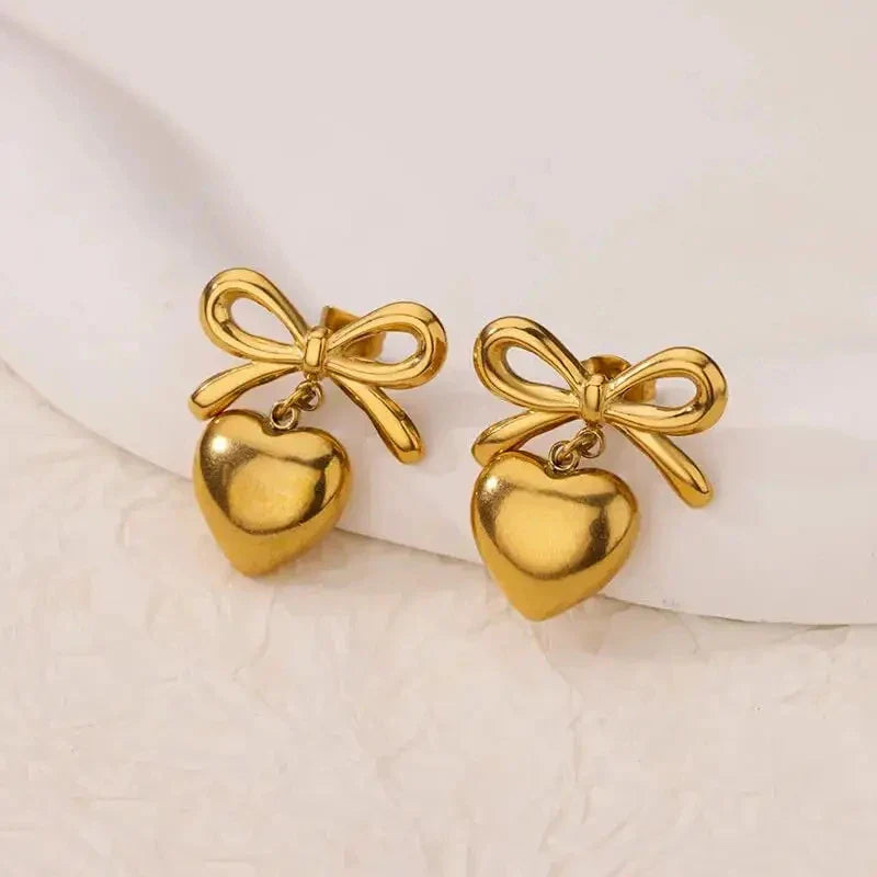 Cute Bow Heart Earrings for Women Stainless Steel Gold Color Heart Stud Earrings 2024 Trend Piercing Jewelry Wedding Party Gift Vera Lux
