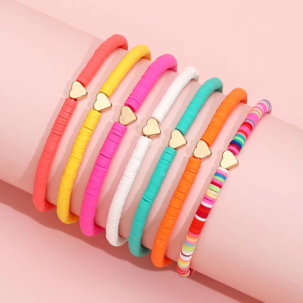 Fashion Rainbow Stackable Bracelets Set For Women Heart Charm Soft Clay Pottery Layering Beads Chain Bangle Female Boho Jewelry Vera Lux