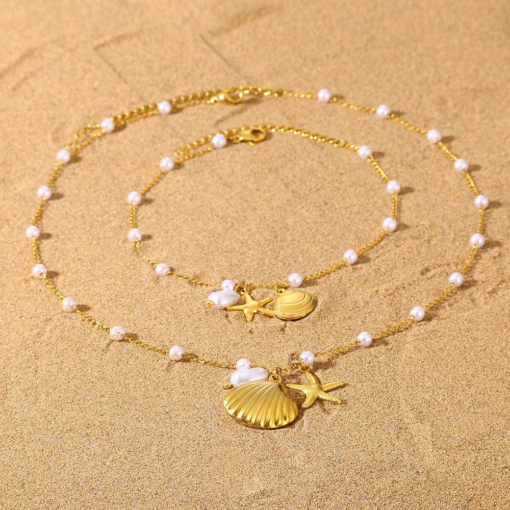 Freshwater Pearl Jewelry Set Shell Starfish Star Necklace Anklet Sets For Women Fashion Stainless Steel Chain Party Daily Gifts Vera Lux