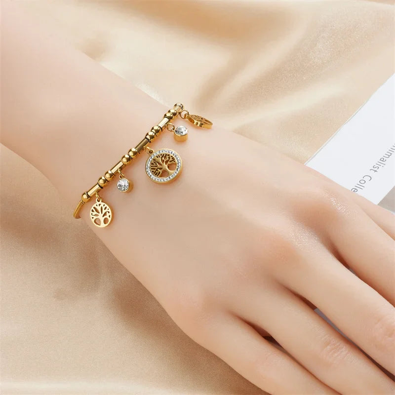 316L Stainless Steel Elegant Gold Color Tree - of - Life Charms Bracelet With Shiny Zircon Stone For Women's Daily Wear Vera Lux