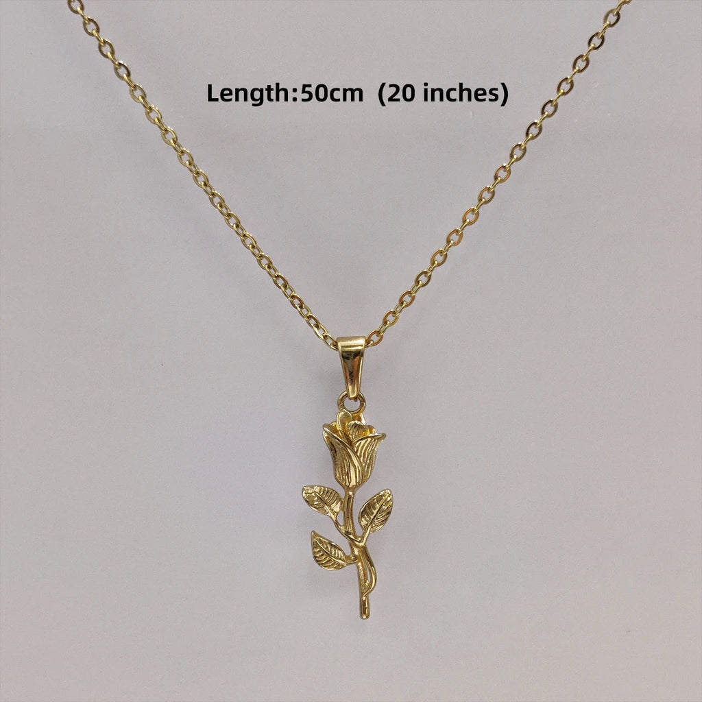 New Gold Plated Rose Flower Pendant Necklace Simple Vintage Clavicle Chain Stainless Steel Necklace for Men Women Jewelry Gifts Vera Lux