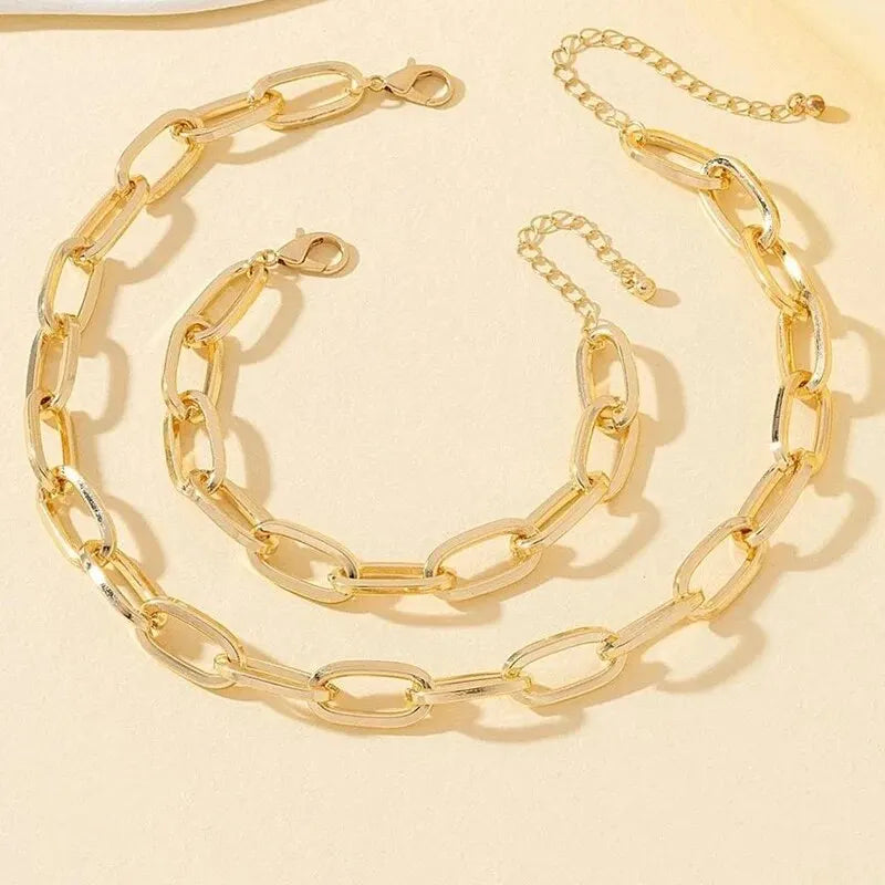 2 PCS Set Gold Color Link Chain Necklace Bracelet Set Punk Bracelet Big Link Chain Dubai Africa Party Jewelry Set Gift FOr Women Vera Lux