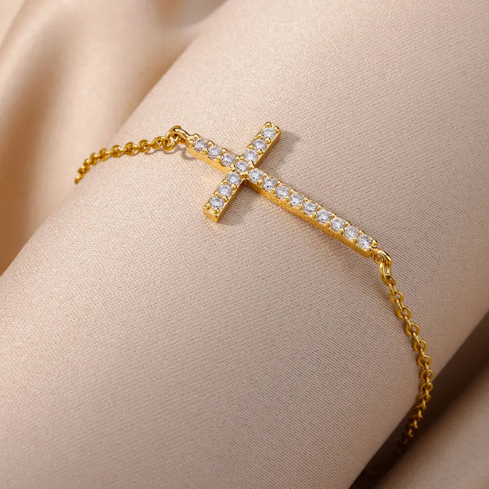Crystal Cross Bracelets For Women Fashion Gold Plated Stainless Steel Cross Bracelet Vintage Religion Aesthetic Jewelry Gift Vera Lux