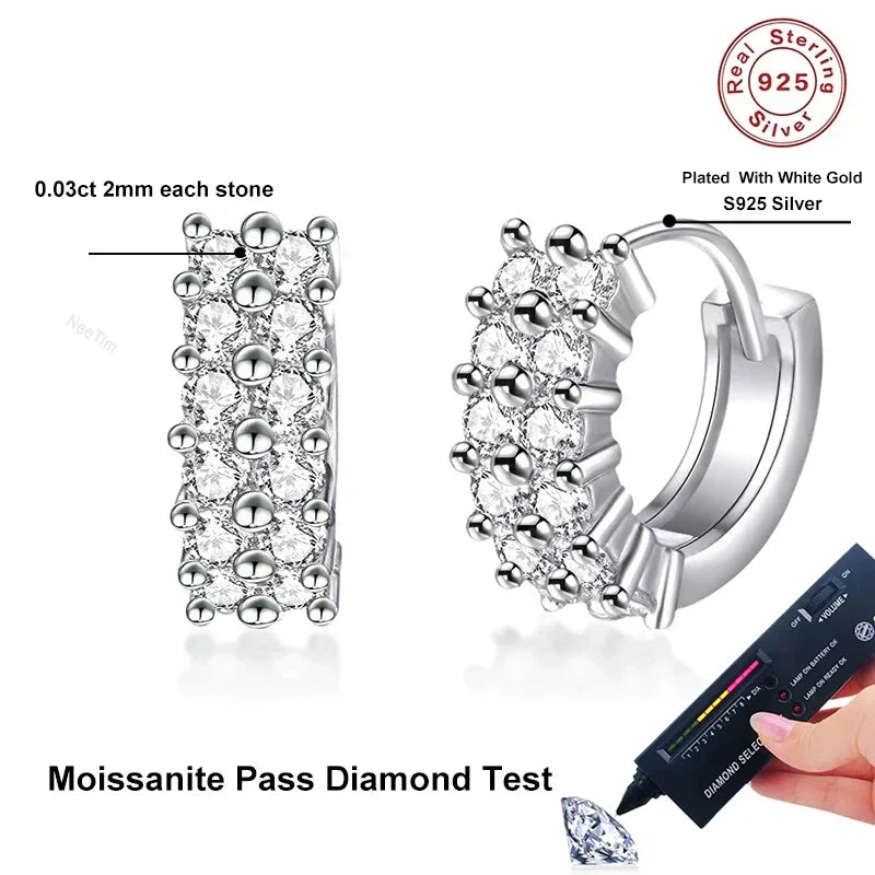 NeeTim 2mm Full Moissanite Earrings Women Luxury Quality Party S925 Sterling Silver with White Gold Plated Hoop Wedding Earring Vera Lux