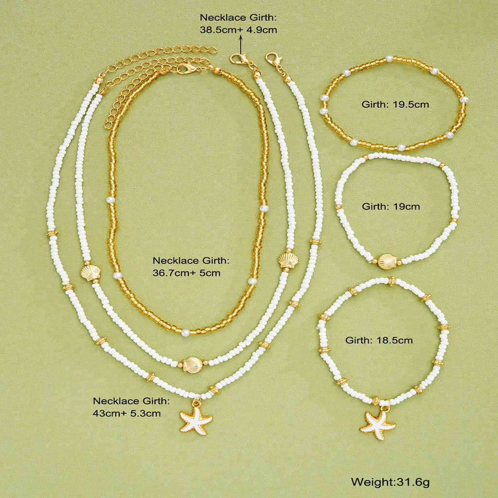 6Pcs/Set Rice Beaded Shell Starfish Pendant Necklace Bracelets Bohemian Elegant Gold White Color Jewelry Set Holiday Accessories Vera Lux