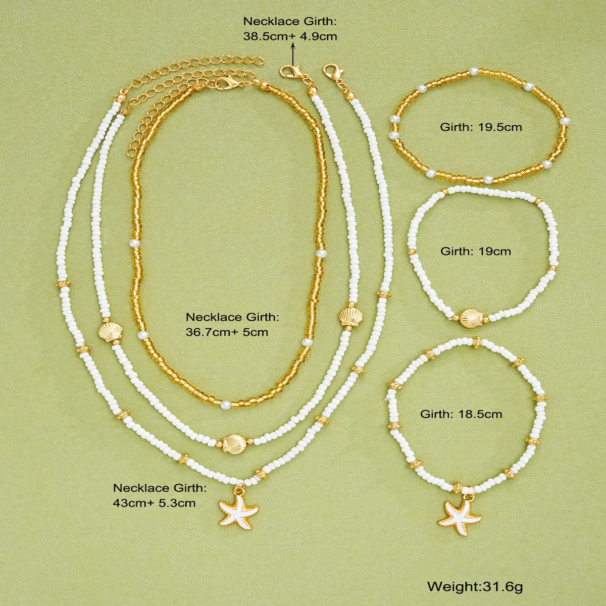 6Pcs/Set Rice Beaded Shell Starfish Pendant Necklace Bracelets Bohemian Elegant Gold White Color Jewelry Set Holiday Accessories Vera Lux