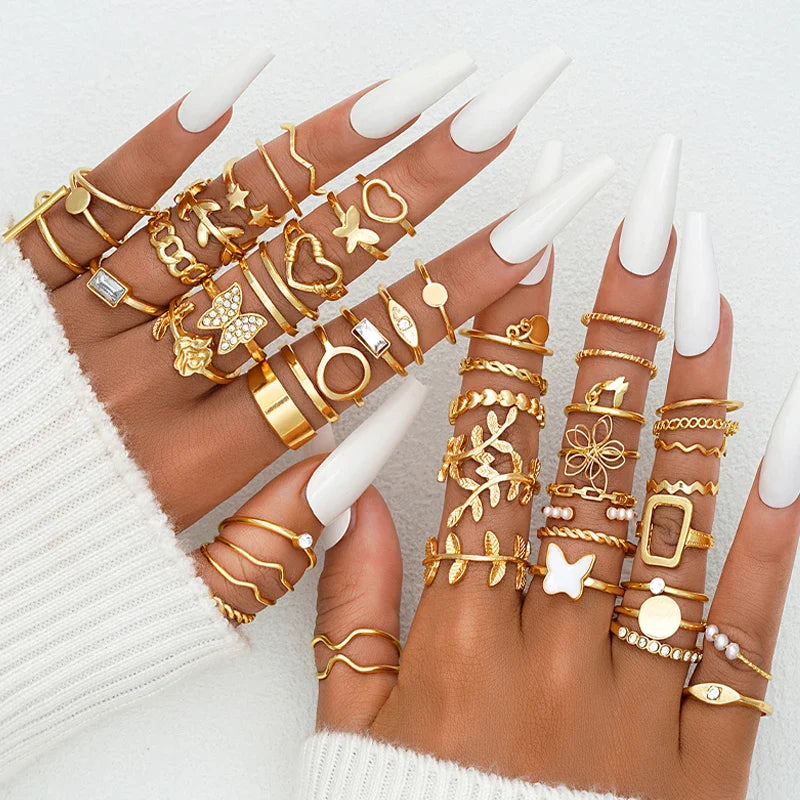 47Pcs/Set Vintage Gold Color Heart Rings Set For Women Men Hollow Butterfly Pearl Crystal Geometric Rings Trendy Finger Jewelry Vera Lux