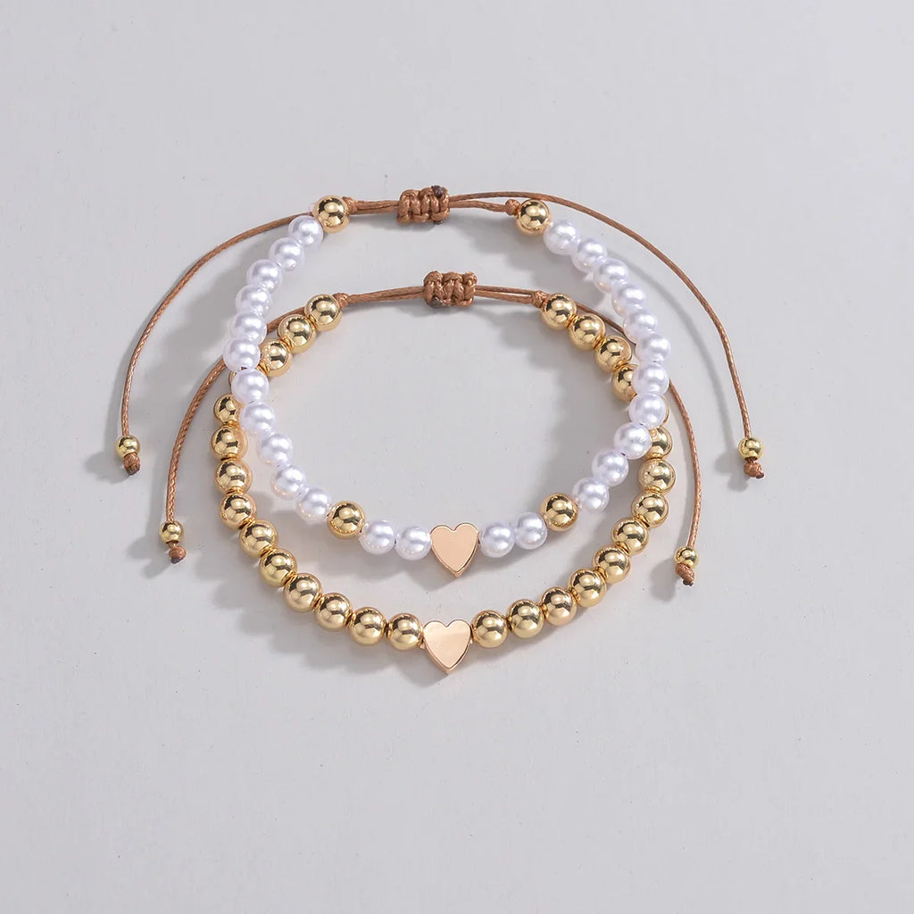 2 PSC Love Imitation Pearl Beaded Adjustable Rope Chain Valentine's Day Jewelry Gift Couple Bracelet Vera Lux