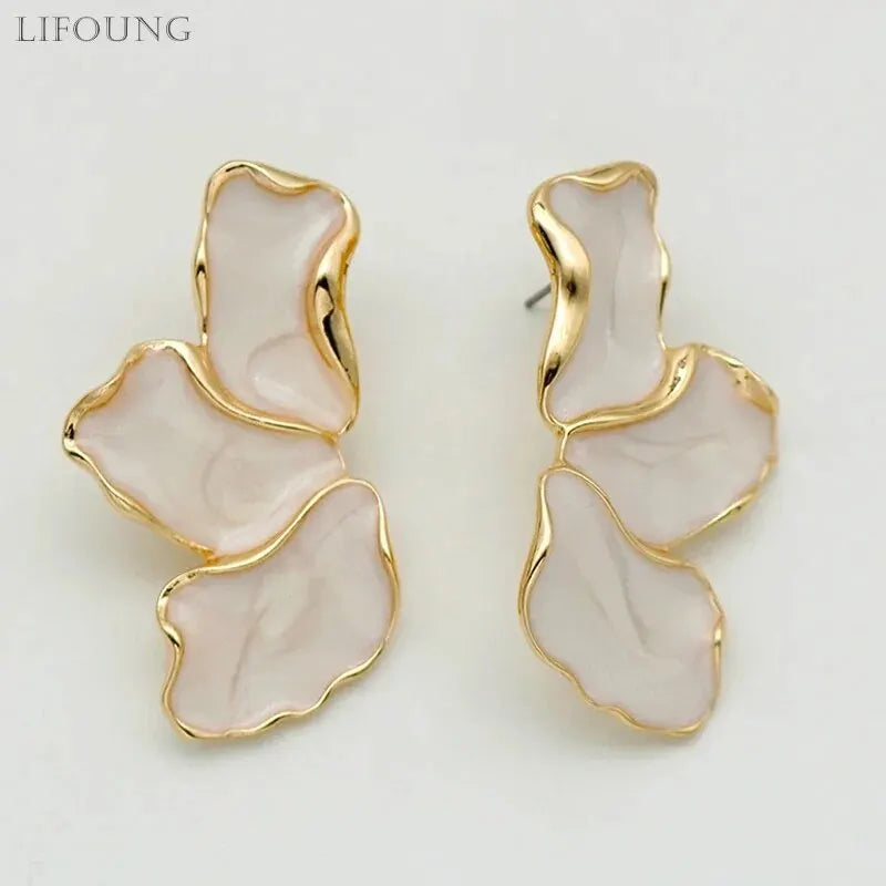 Metal Flower Cream Epoxy Earring Stud Women Fashion Gold Color Plating Irregular Post Earrings Heavy Design Statement Earrings Vera Lux