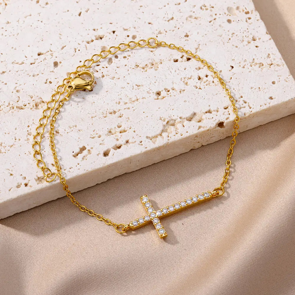 Crystal Cross Bracelets For Women Fashion Gold Plated Stainless Steel Cross Bracelet Vintage Religion Aesthetic Jewelry Gift Vera Lux