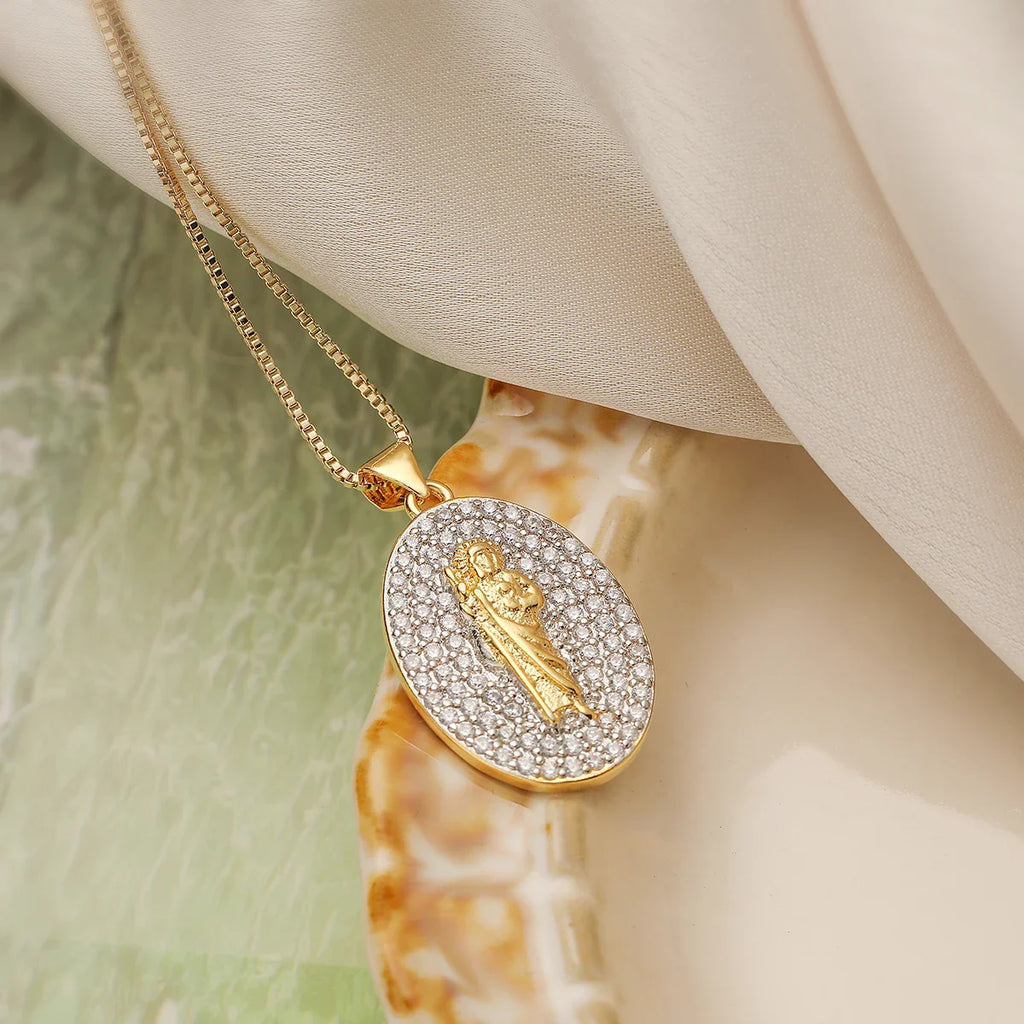 NEWBUY 2025 New Trendy Silver/Gold Mix Color Shiny AAA CZ Inlay Virgin Mary & Priest Pendant Necklaces Vera Lux