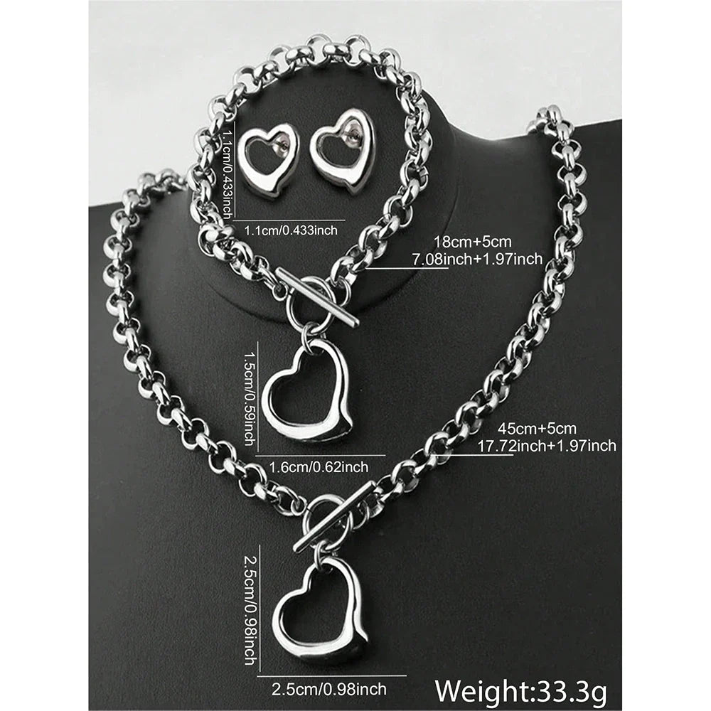 Aomogo Set INS Exquisite Love Fashion Stainless Steel Bracelet Earrings Necklace Pendant Set Women's Daily Goods Party Favors Vera Lux