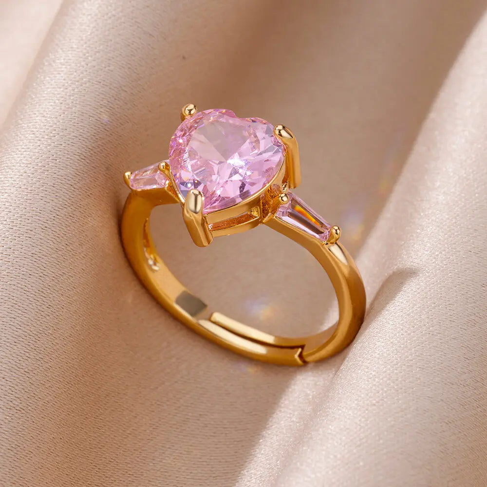 Pink Zircon Heart Rings For Women Gold Plated Stainless Steel Adjustable Heart Ring 2023 Trend Wedding Aesthetic Jewelry Gift Vera Lux