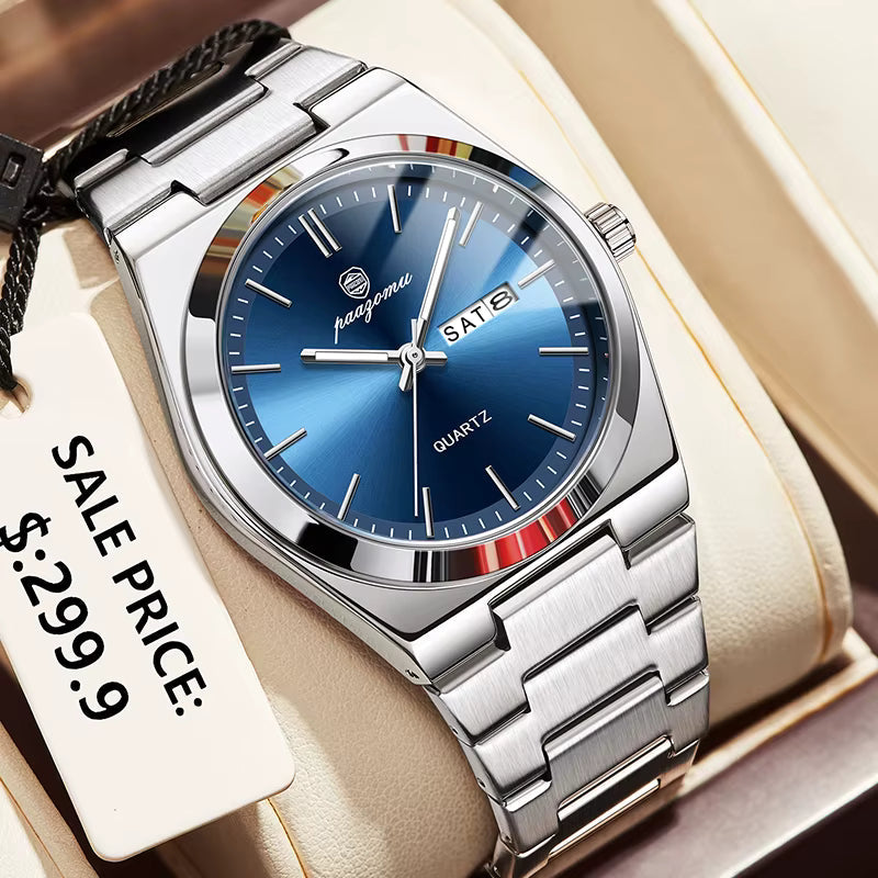PAAZOMU Luxury Sport Quartz Man Wristwatch Waterproof Luminous Date Week Men Watches Stainless Steel Men's Watch Male Reloj+box Vera Lux