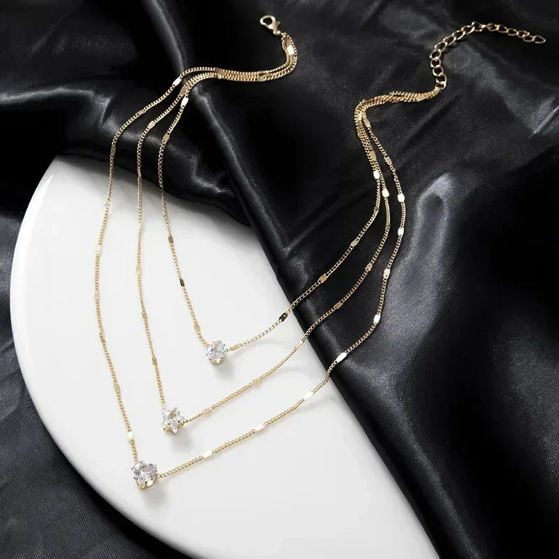 Multilayer Pendant Necklace on Neck Chain Women Crystal Zircon Heart Star Charm Layered Necklace Vintage Female Neck Jewelry Hot Femstylo