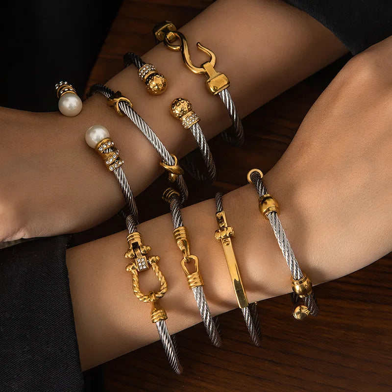 1pcs Stainless Steel Gold-plated Bangle Trendy Retro Hip-hop Style Bracelet Fried Dough Twists Steel Wire Rope Colorfast Bangle Vera Lux