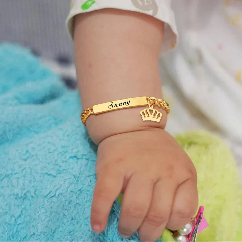 Custom Personalized Name ID Bracelet Gilrs Boy Gifts, Stainless Steel Curb Chain Link Crown Bracelet Not Allergic Vera Lux