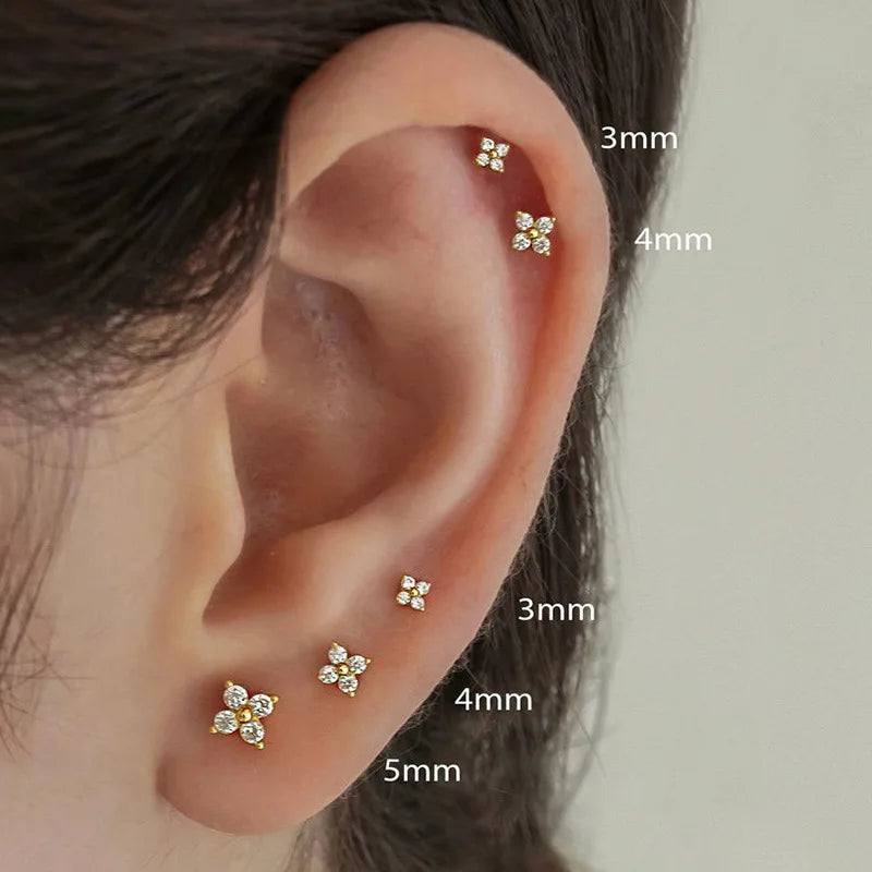Yupsk Dainty Flower Stainless Steel Butterfly Stud Earrings for Women Cartilage Ear Ring Cute Zircon Gold Color Clover Jewelry Vera Lux