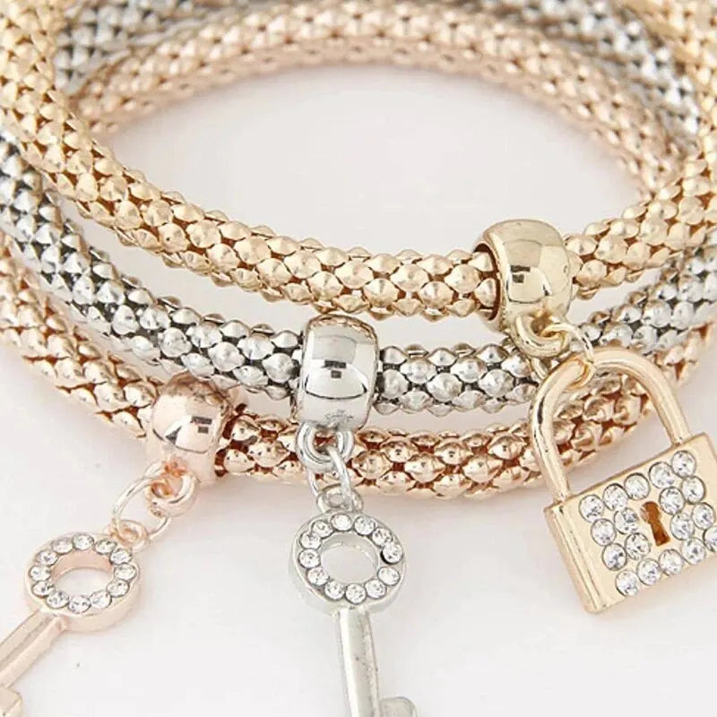 3 PCS Set Heart Lock Key Music Sign Charm Bracelet Owl Rose Gold Plating Silver Color Chain Owm Charm Bangle Jewelry Set Vera Lux