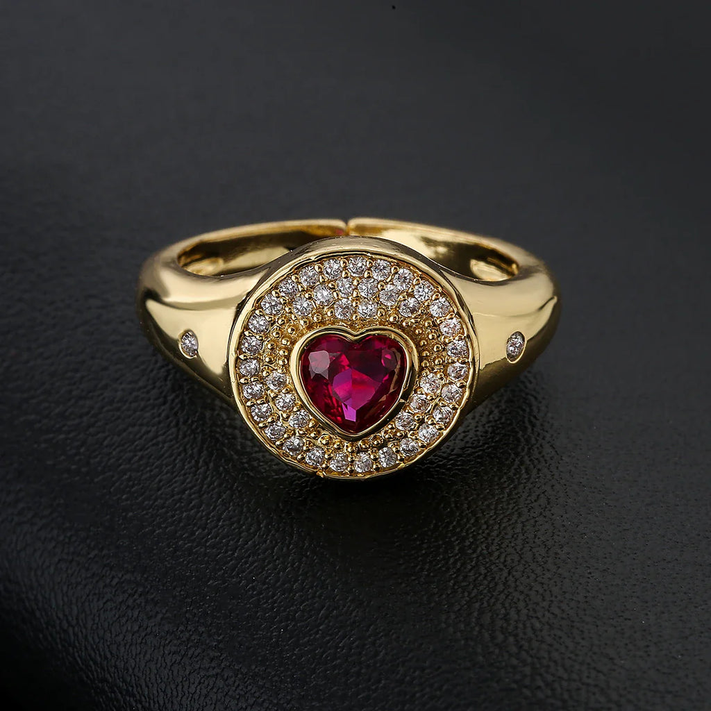NEWBUY 2024 Hot Sale Red/Green CZ Zircon Heart Rings For Women Adjustable Gold Color Copper Wedding Jewelry Femme Bijoux Vera Lux
