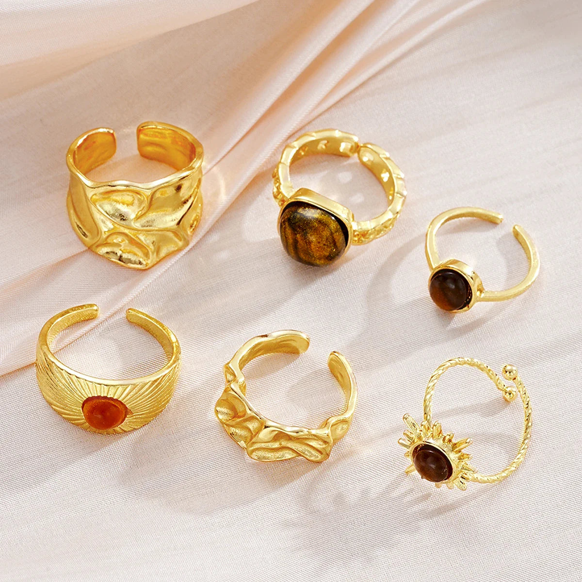 6pcs Sunflower Tiger Eye Stone Ring Set for Women Vintage Irregular Gold Color Aesthetic Open Rings Fashion Party Jewelry Gifts Vera Lux