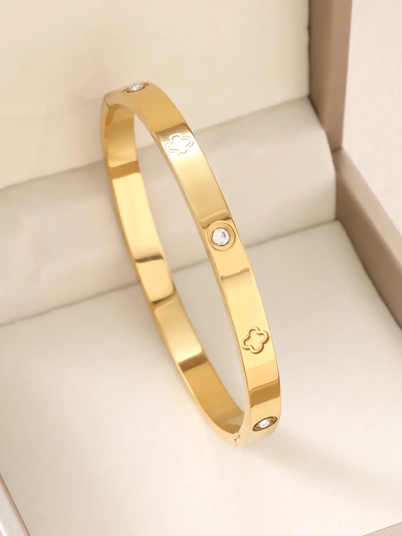 1pc 18K Gold Plated Stainless Steel Stackable Bracelet With Chain And Clover Design, Fashion Style For Women, Suitable For Casua Vera Lux