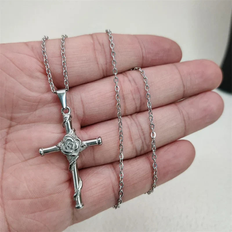 Waterproof Vintage 18k Gold Plated Stainless Steel Charm Rose Cross Pendant Necklace For Men Women Jewelry Gift Vera Lux