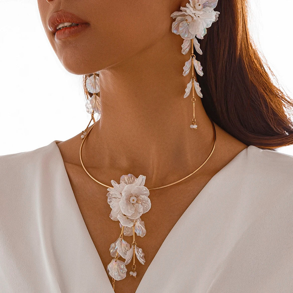 Ingemark Creative Punk Torques Chain Necklace Women Wed Bridal Elegant White Flower Hanging Drop Earrings Wed Bridal Jewelry Set Vera Lux