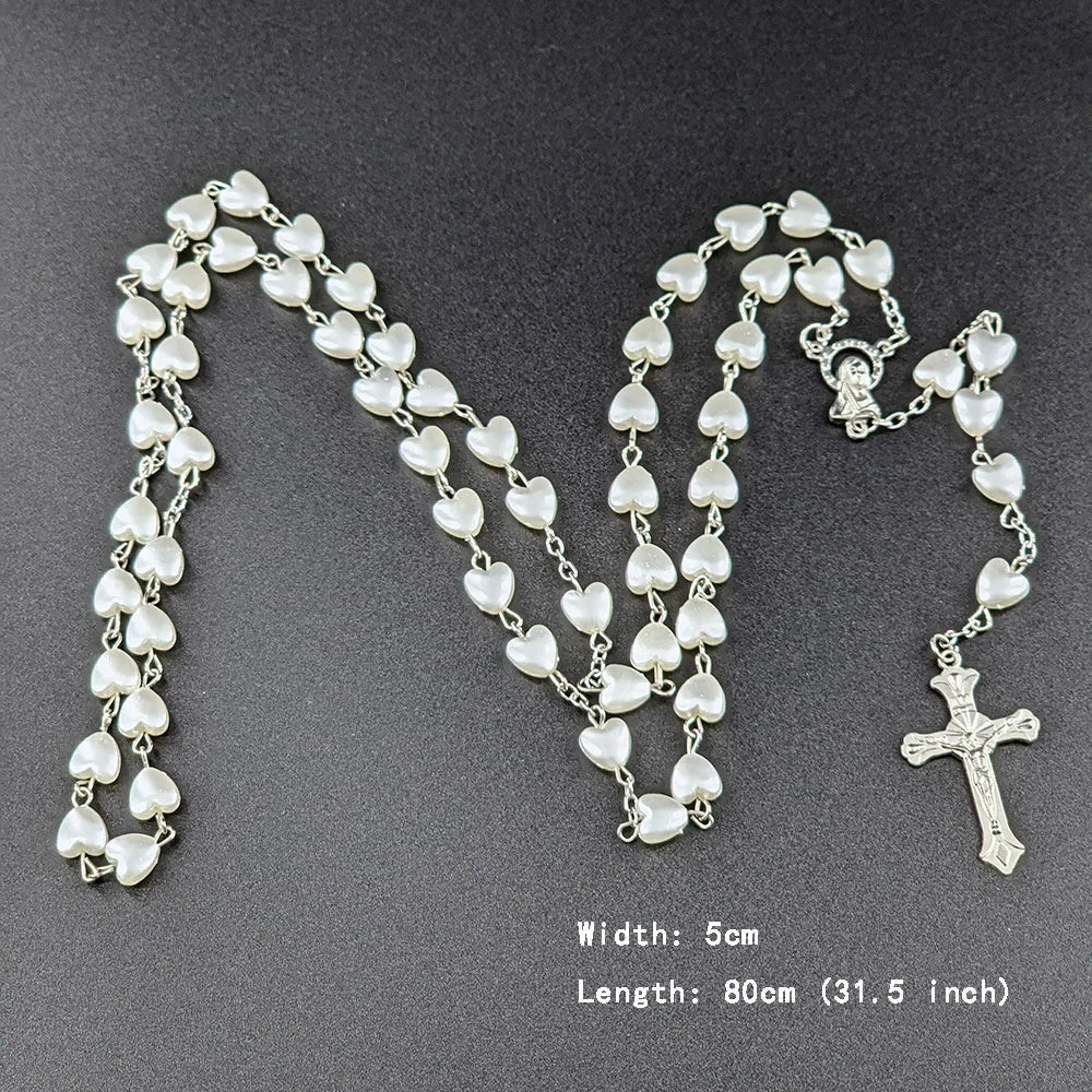 White Heart Rosary Necklace For Women Virgin Mary Cross INRI Pendant Long Chain Men Religion Prayer Party Jewelry Accessories Vera Lux