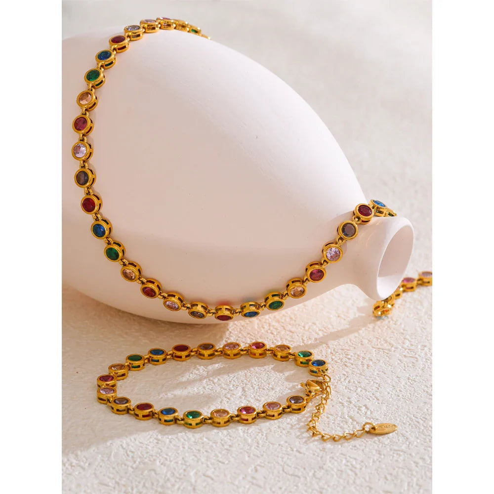 Yhpup Exquisite Colorful Cubic Zirconia Luxury Cast Chain Necklace Bracelet for Women Stainless Steel Waterproof Jewelry Gift Vera Lux