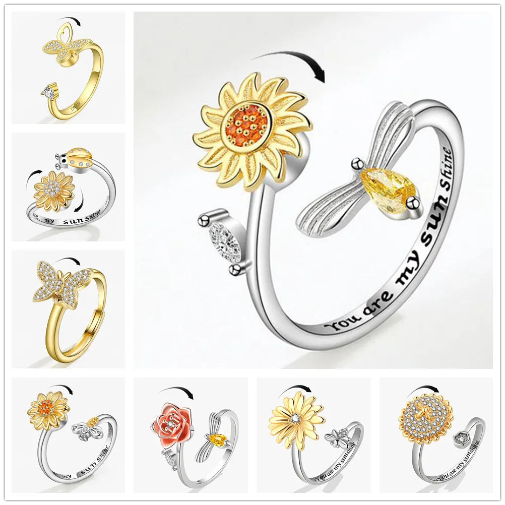 Shining Crystal Sunflower And Bee Fidget Spinner Rings For Women Anti Anxiety Control Anti Stress Rotating Ring Girls Gift Vera Lux