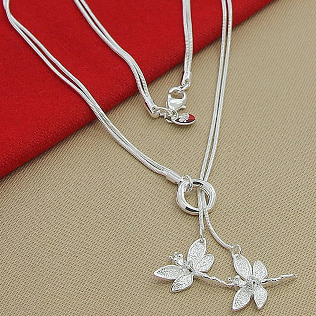 925 Sterling Silver Two Dragonfly Pendant Necklace For Women Snake Chain Necklace Wedding Engagement Jewelry Vera Lux