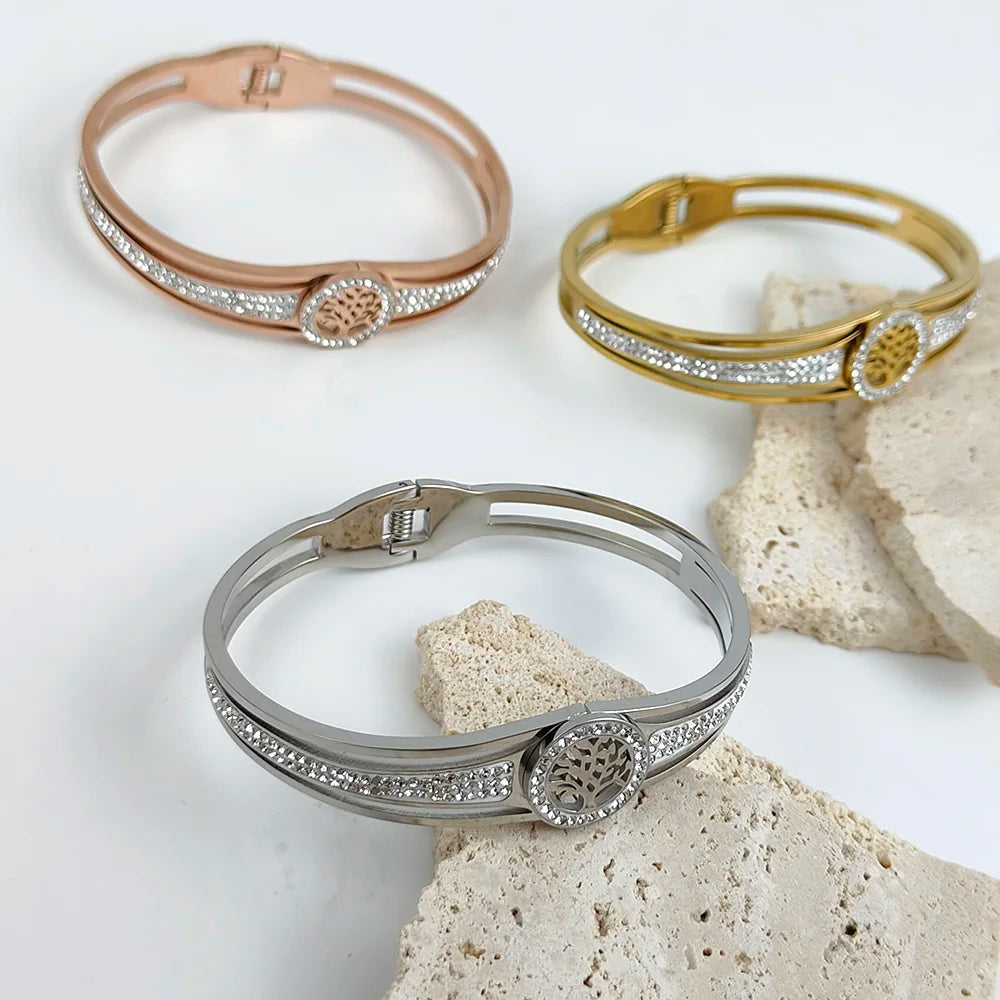 Luxury Stainless Steel Tree of Life Bangle for Women Men Crystal Zircon Bracelet Silver Gold Color Wrist Jewelry Accessories Vera Lux