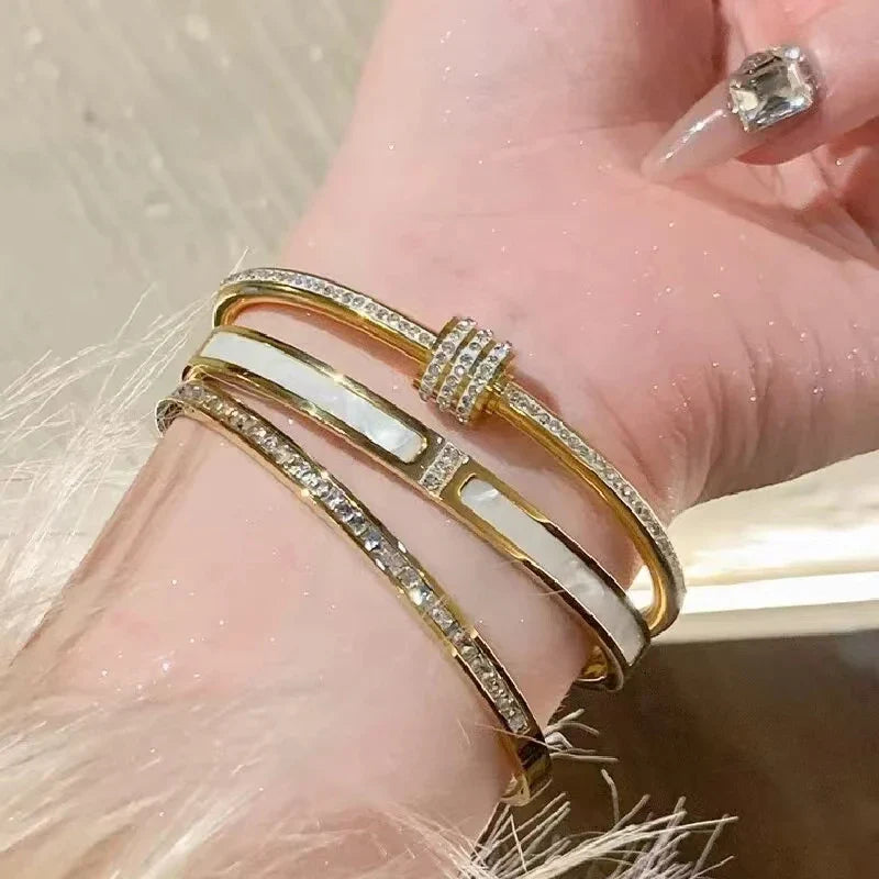 Elegant Gold Color Bangle With Sparkling Rhinestone Glamorous Stainless Steel Bracelet Women's Formal Dinners Jewelry Vera Lux