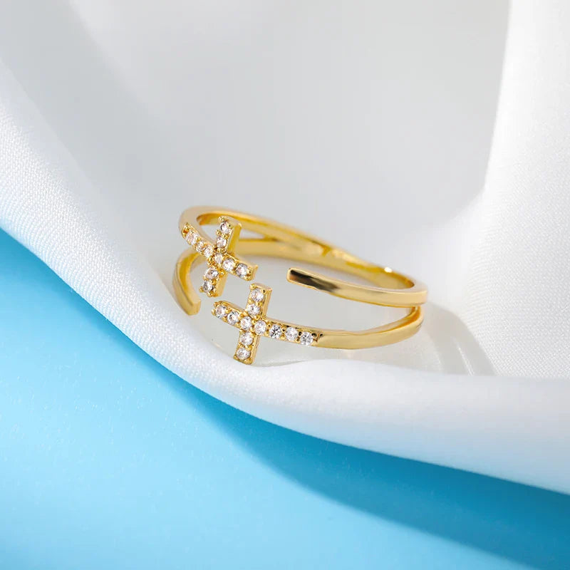 Zircon Double Cross Rings For Woman Stainless Steel Gold Color Shiny Opening Ring New Luxury Fashion Wedding Jewelry Gift Bague Vera Lux
