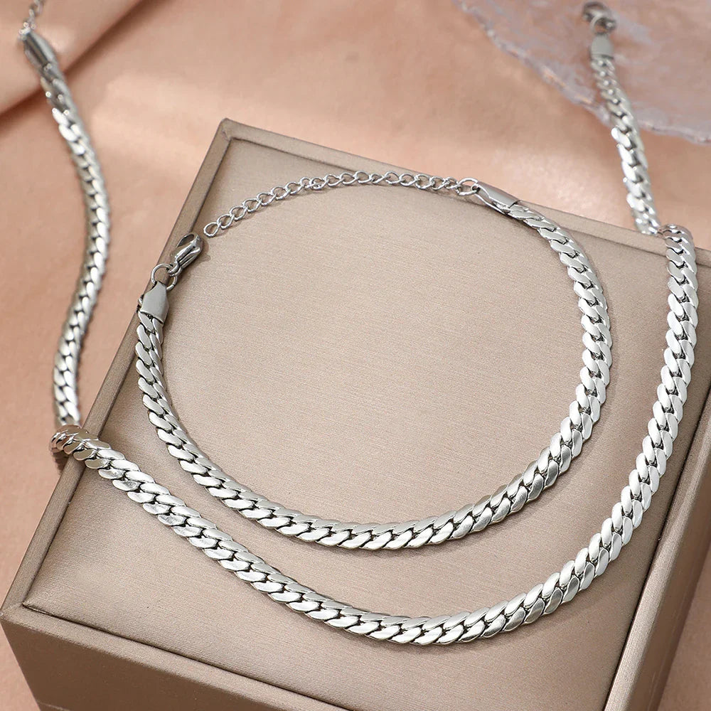 Aomogo Stainless Steel Simple Flat Cuban Chain Bracelet Necklace Jewelry Set 18k Gold Plated Fashion Thick Chain Fashion Jewelry Vera Lux