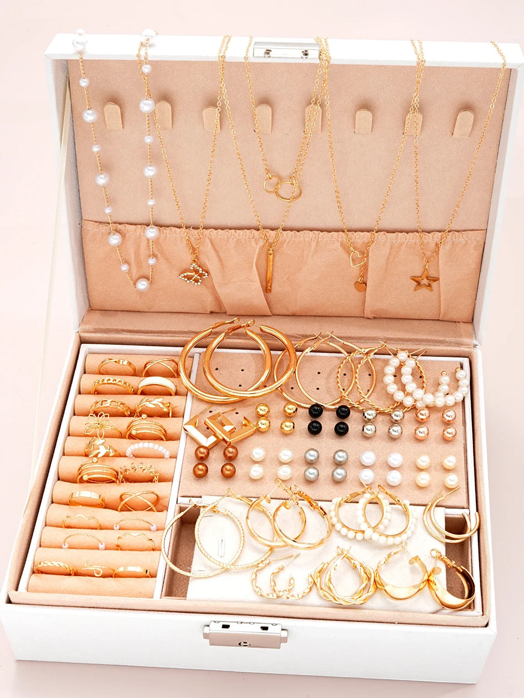 86pcs/Set Elegant Pearl Earrings Multi-Layered Necklace Ear Studs Rings 4-In-1 Jewelry Set For Women Daily Wear Gift (No Box) Vera Lux