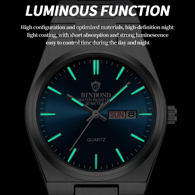BINBOND Luxury Fashion Man Clock Top Business Waterproof Luminous Date Week Men's Watches Quartz Stainless Steel Men Wristwatch Vera Lux