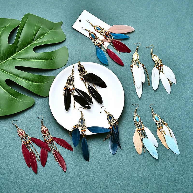 Bohemian Ethnic Feather Earrings For Women Long Tassel Beads Handmade Drop Dangle Earrings Girl Fashion Wedding Jewelry Gift Vera Lux