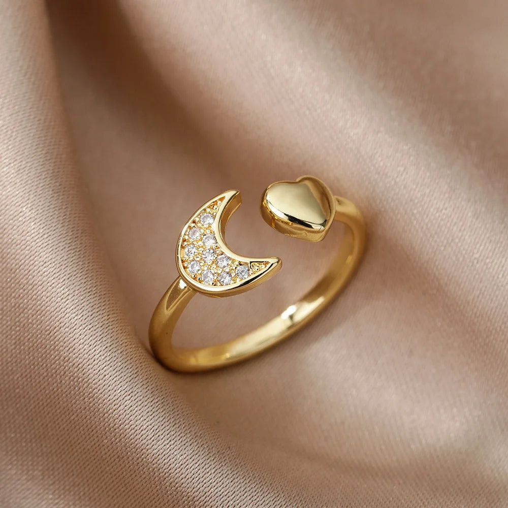 Zircon Heart Rings For Women Stainless Steel Gold Color Geometric Open Finger Ring Fashion Wedding Aesthetic Jewelry Gift Vera Lux