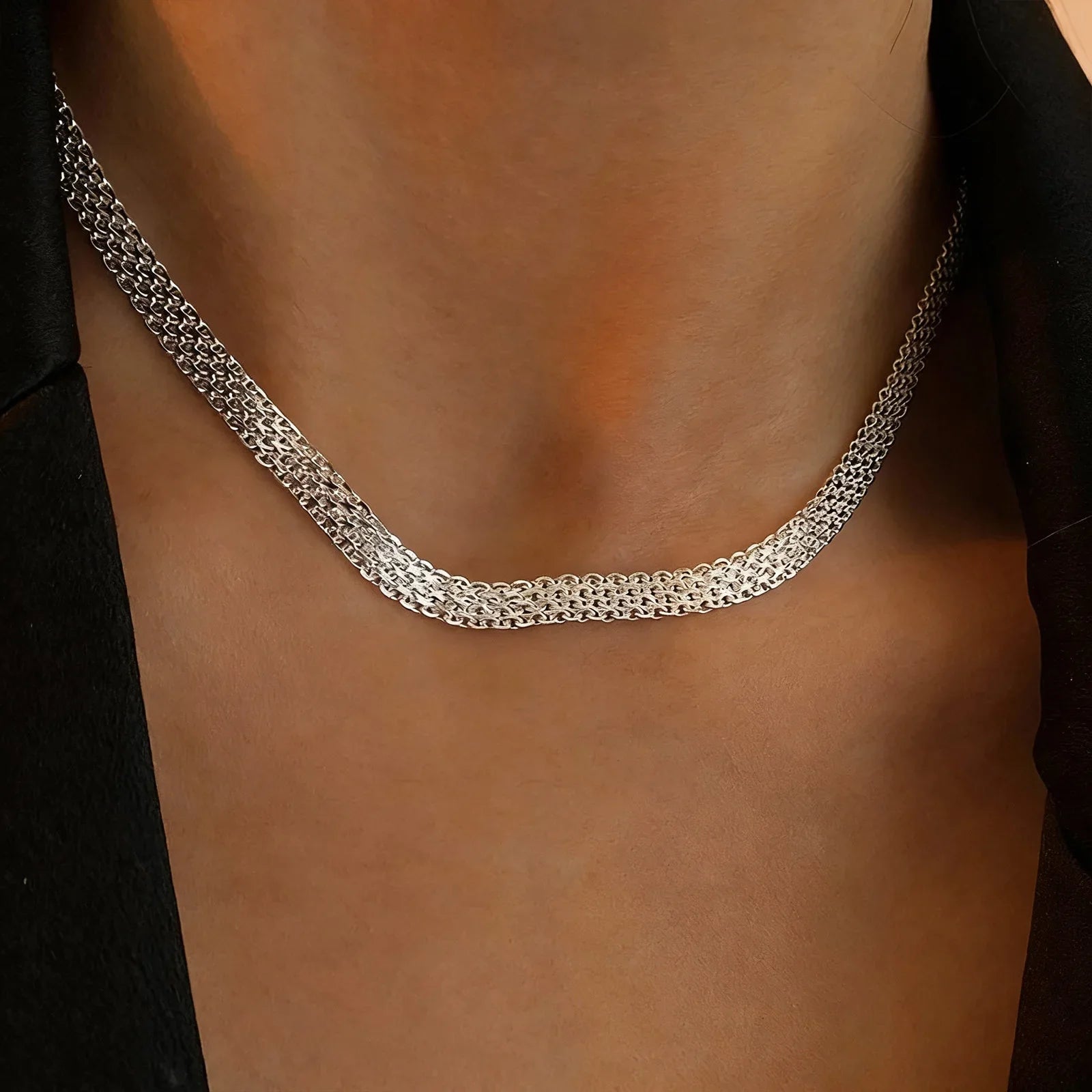 S925Silver European and American simple and unique woven hollow wide necklace ins trend mesh collarbone chain Vera Lux