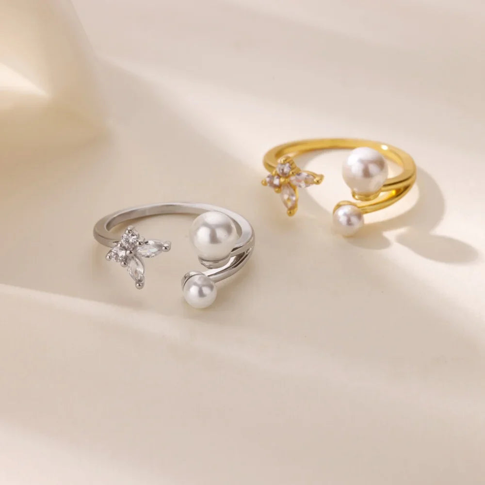 Zircon Butterfly Imitation Pearl Ring For Women Stainless Steel Gold Color Ring 2025 New Fashion Wedding Couple Jewelry Gifts Vera Lux