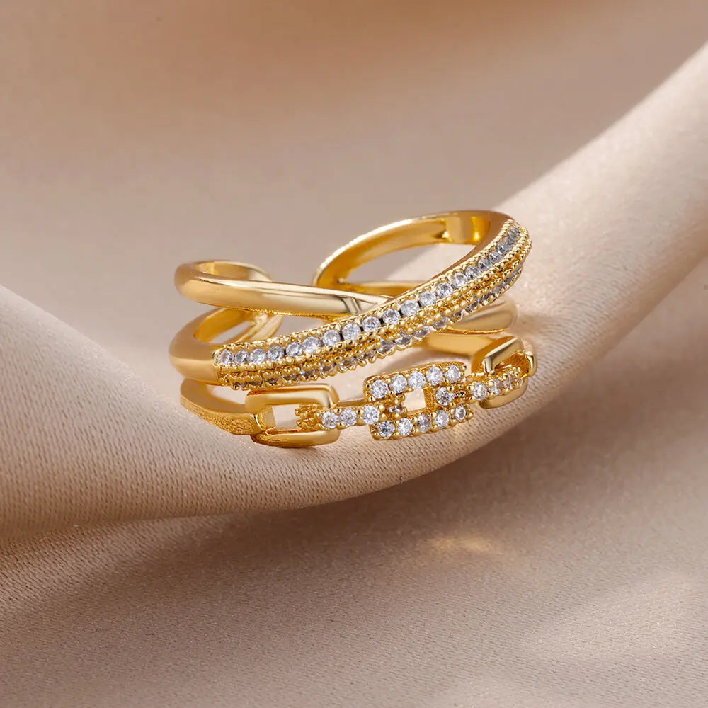Fashion Gold Color Stainless Steel Rings For Women Chain Hollow Out Crystal Zircon Finger Ring Jewelry 2023 Gift anillos mujer Vera Lux