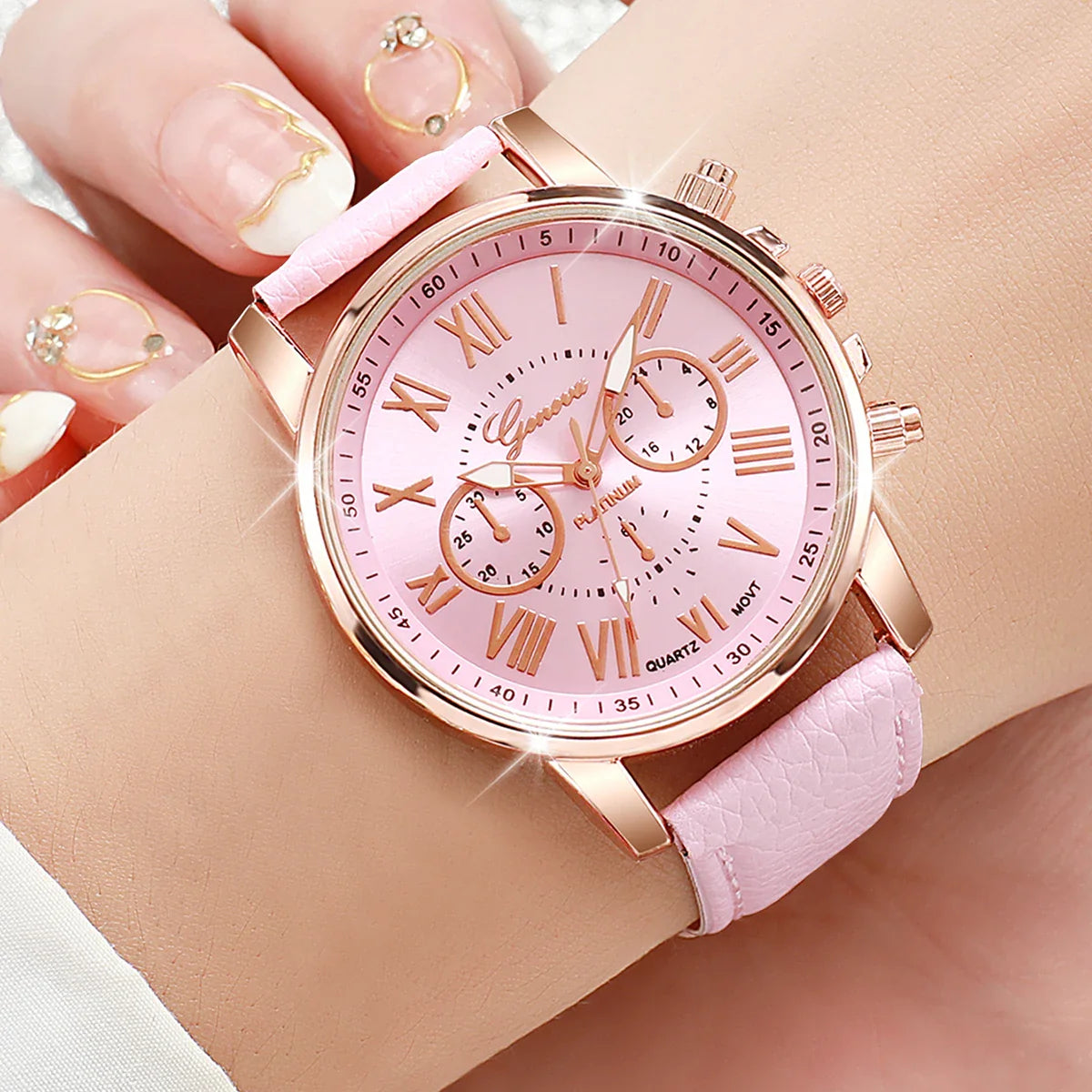 5PCS Women's Watches Fashion Roma Dial Leather Band Quartz Watch Ladies Silicone Band Wristwatch Reloj Mujer（Without Box） Vera Lux