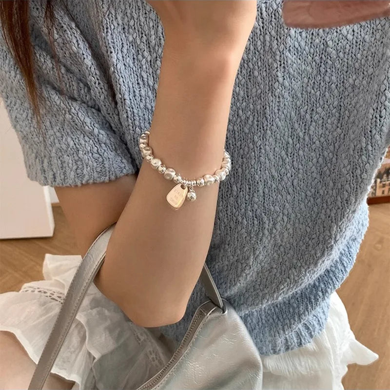 925 Sterling Silver Matte Finish Geometry Bracelet For Women Letter Bead Frosting Peace Jewelry Gifts Vera Lux
