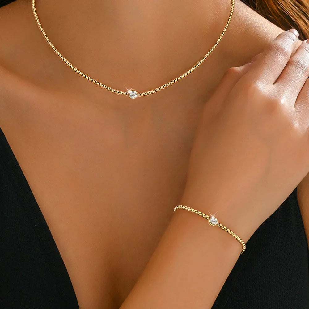 Boho Bead Chain Zircon Bracelet and Necklace Set, Waterproof Stainless Steel Women's Jewelry, Wife Girlfriend Gift Vera Lux