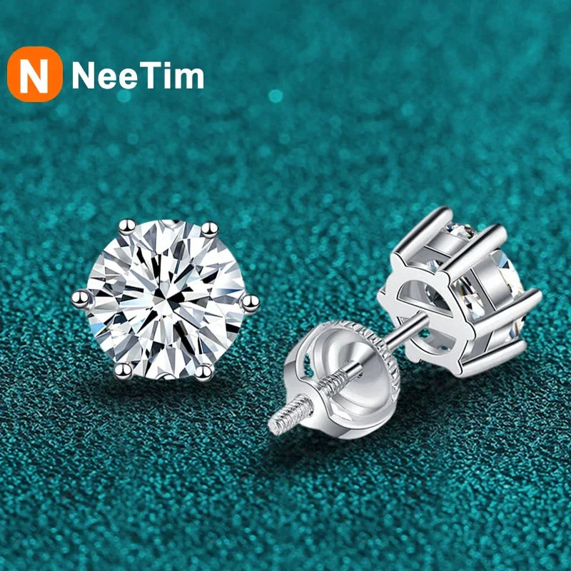 NeeTim 1ct 2ct Moissanite Earrings For Women Men Lab Diamond White Gold Plated 925 Sterling Silver Stud Earring Luxury Jewelry Vera Lux