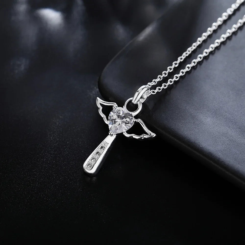 Fine 925 Sterling Silver angel noble crystal cross pendants Necklace For Women luxury party Wedding Jewelry Christmas gifts Vera Lux